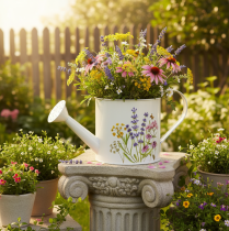 Artículo Regadera de metal blanco con motivo floral, 13,5 cm, maceta decorativa.