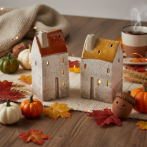 Artículo Decoración de cerámica con forma de casa y chimenea, casita para velas, otoño e invierno, 13 cm, 2 piezas