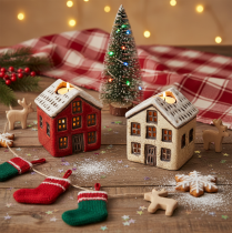 Artículo Portavelas de cerámica, casita decorativa con nieve para decoración de mesa, 7 cm, 2 piezas