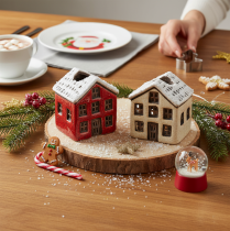 Artículo Portavelas de cerámica, casita decorativa con nieve para decoración de mesa, 7 cm, 2 piezas