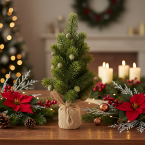 Artículo Árbol de Navidad artificial en saco de yute, pequeño adorno de mesa, mini árbol de Navidad, 38 cm.