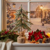 Artículo Planta artificial con nieve, árbol de Navidad LED en saco de yute, funciona con pilas, para uso en interiores, 50 cm