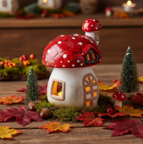 Artículo Casita decorativa con forma de seta para portavelas, pintada a mano con torrecilla, 21 cm.