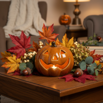 Artículo Calabaza de cerámica con luz LED, decoración pequeña de Halloween de 10 cm.