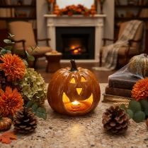 Artículo Calabaza de cerámica decorativa con luz LED para Halloween, 15 cm