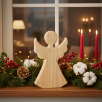 Artículo Ángel decorativo de madera, hecho de madera natural clara, decoración navideña, 30 cm.