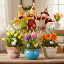 Artículo Figura decorativa de espantapájaros sobre un palo para manualidades y plantas, 60 cm.