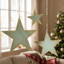 Artículo Estrellas de madera para colgar decoración de ventanas oro menta 12/20/26 cm juego de 3