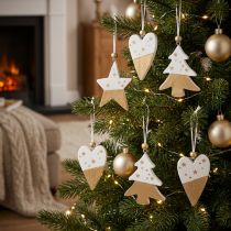 Artículo Adornos navideños, estrella de madera, árbol, corazón, 6 piezas, colgantes decorativos blancos y dorados