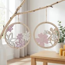 Artículo Percha decorativa madera flores natural blanco purpurina violeta Ø12cm 6 piezas