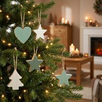 Artículo Juego de colgantes de madera para árbol de Navidad, corazón-árbol-estrella, verde menta-blanco, 4,5 cm, 9 piezas - Decoración navideña