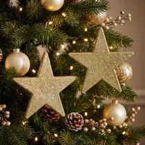 Artículo Adorno navideño estrella colgante brillo dorado 30cm 2pcs
