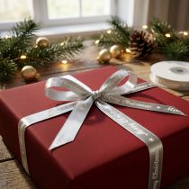 Artículo Cinta navideña Cinta Feliz Navidad Plata Blanco 10mm 20m