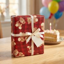 Artículo Papel de regalo cumpleaños osito de peluche rojo cuadros 70x200cm