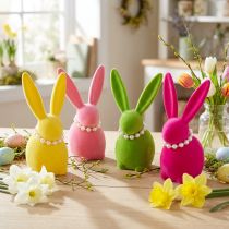 Artículo Figura decorativa de conejito de Pascua con collar de perlas, perfecta para salón o dormitorio, 13cm, 4 piezas