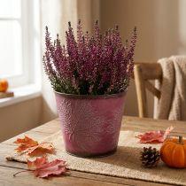 Artículo Macetero con decoración de hojas, decoración de otoño, macetero de metal rojo vino Ø16,5 cm H14,5 cm