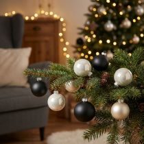 Artículo Bola de Navidad, colgante para árbol de Navidad, decoración para árbol negro/plata/nácar H6,5cm Ø6cm vidrio real 24 piezas