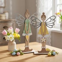 Artículo Duende decorativo, decoración primaveral, hada de pie, decoración de madera verde, amarillo Al. 34 cm, juego de 2