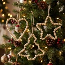 Artículo Adornos navideños: cuentas de madera, corazón, estrella, árbol, 13 cm de alto, 6 piezas