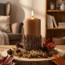 Artículo Vela de pilar con decoración de ramas, cera, caramelo marrón, 150/70 mm