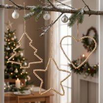 Artículo Percha decorativa Navidad cuentas de madera corazón estrella árbol H20cm 3pcs