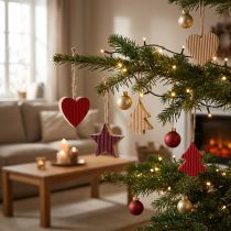 Artículo Decoraciones para árboles de Navidad corazón de madera árbol estrella rojo 4,5 cm 9 piezas