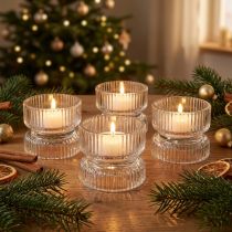 Artículo Portavelas vidrio acanalado decorativo transparente Ø9cm H7cm 4 piezas