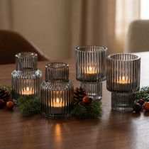 Artículo Portavelas de cristal gris, para velas pequeñas, 8 cm de alto, 4 unidades.