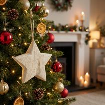 Artículo Estrella de madera, adorno navideño natural, Ø13,5cm, madera FSC