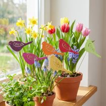 Artículo Decoración primaveral tapones florales decoración de pájaros de madera 28cm 18 piezas