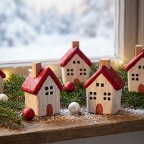 Artículo Casa de Navidad de madera Decoración navideña blanca roja 7cm 6 piezas
