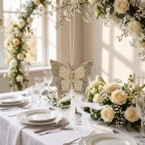 Artículo Mariposa de fieltro para colgar decoración de boda crema 16cm