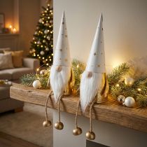 Artículo Figura decorativa navideña de gnomo blanco, dorado Ø6,5cm H22cm 2 piezas