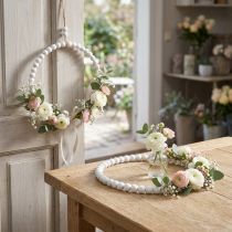 Artículo Anillo decorativo de madera Shabby Chic blanco Ø19cm, boda, primavera, decoración de puerta, juego de 4