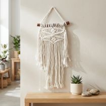Artículo Colgante de pared bohemio de macramé color crema natural, 18,5 x 48 cm