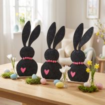 Artículo Decoración de mesa Decoración de conejito de Pascua fieltro negro con corazón 45cm 3 piezas