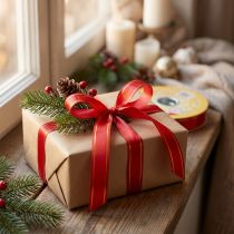 Artículo Cinta de regalo 2 franjas doradas sobre rojo 19mm 100m