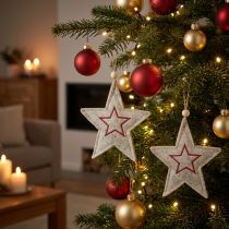Artículo Adornos para árbol de Navidad en forma de estrella de fieltro, color beige y rojo, 13 cm, juego de 6.