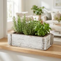 Artículo Forma de ladrillo, caja de ladrillo, caja de madera con herrajes de metal acabado envejecido, lavado blanco L32cm H9cm