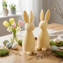 Artículo Conejito de Pascua decorativo (2.ª opción), flocado, amarillo claro, 29,5 cm de alto, 2 unidades