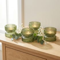 Artículo Portavelas de cristal decorativos, acanalados, verdes, Ø9cm, H7cm, 4 unidades
