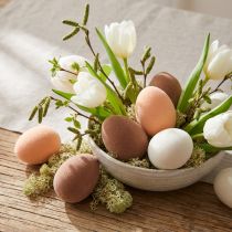 Artículo Huevos de Pascua pequeños flocados de color marrón melocotón y blanco de 4 cm de alto, 15 unidades
