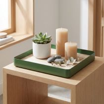 Artículo Bandeja decorativa de metal cuadrada base de madera verde 25,5×25,5cm