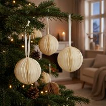 Artículo Bolas de nido de abeja bolas de nido de abeja Navidad brillo blanco Ø8cm 4ud