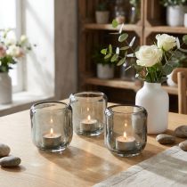 Artículo Portavelas de cristal gris con diseño acanalado, 8 cm, 6 unidades