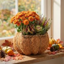 Artículo Maceta con forma de calabaza y detalles de papel de aluminio, decoración otoñal, color naranja, Ø18cm, H15cm.