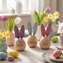 Artículo Figuras decorativas de conejos de madera con caras para dar un toque divertido a mesas y estantes, 14 cm, 3 piezas