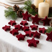 Artículo Adornos navideños, estrellas, flocados color burdeos, decoración de mesa, 4-5 cm, 40 piezas