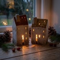 Artículo Decoración de cerámica con forma de casa y chimenea, casita para velas, otoño e invierno, 13 cm, 2 piezas