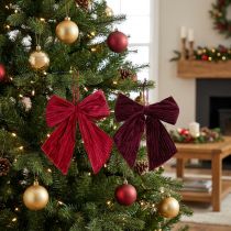 Artículo Lazo de tela de pana de terciopelo rojo para colgar adornos navideños, 24 cm, 2 unidades